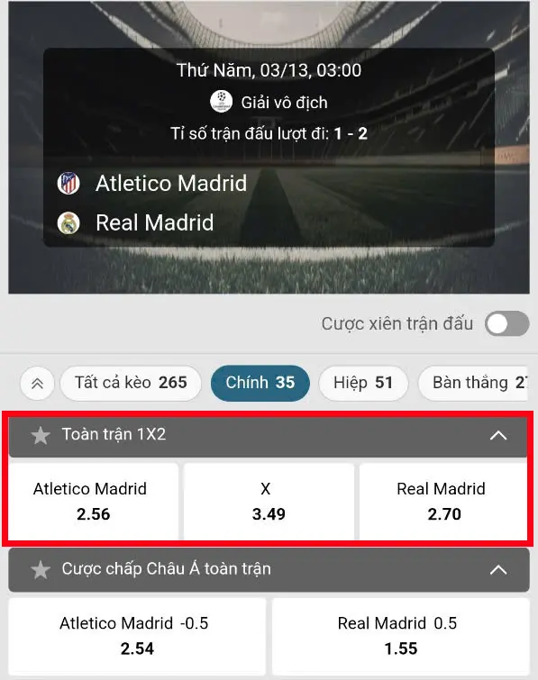 Bảng kèo châu Âu (1X2) giữa 2 đội bóng Atletico Madrid vs Real Madrid ngày 13/3/2025